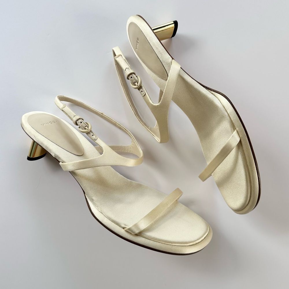 Vince Ivory Satin Slingback Sandals with Gold Accent Heel